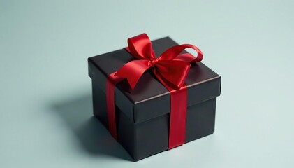 Fototapeta premium A wrapped black gift box with a bright red bow tied to it, simple yet attractive, red bow