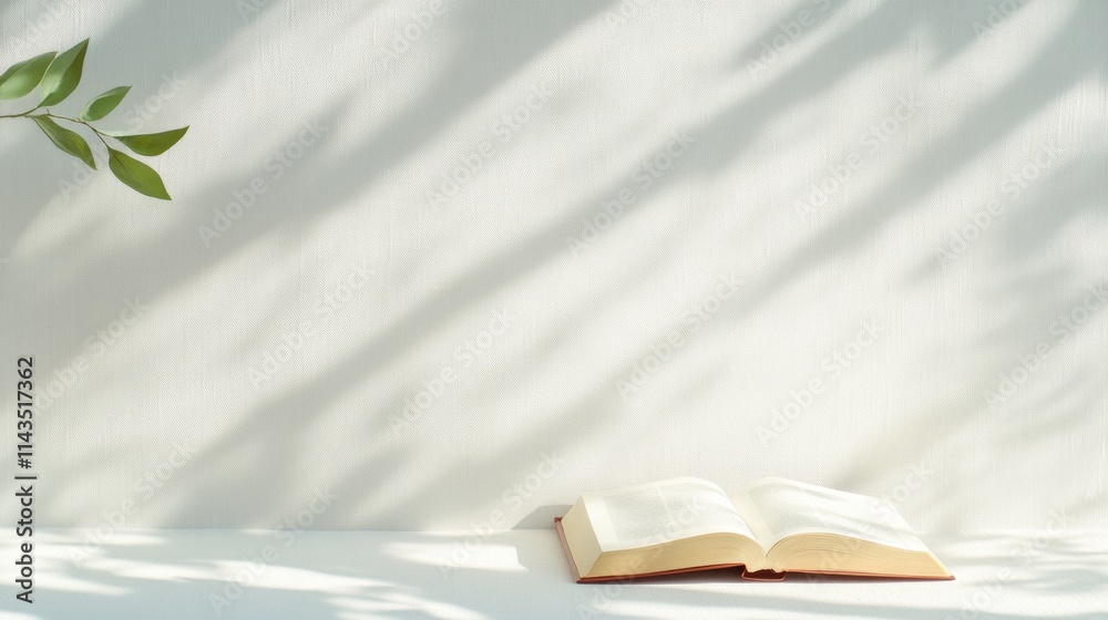Aufkleber serene book shadow on minimalist background with leaf motif