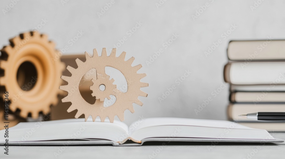 Leinwandbilder open notebook with gears symbolizing language and ideas amid stacked books