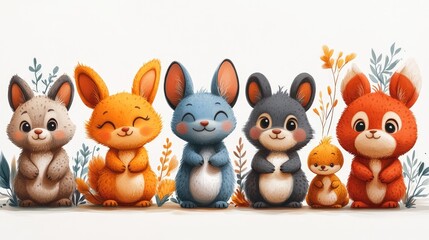 Obraz premium Adorable bunnies, chick, autumn leaves.