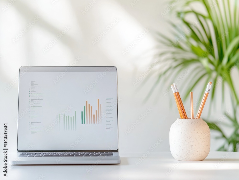 Poster Calm Minimalist Workspace with Laptop Displaying Data Graphs