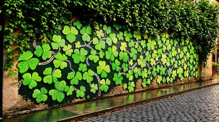 A vibrant mural of green shamrocks climbing a brick wall covered in ivy. Irish heritage. Ideal for St. Patrick's Day, Irish themes, luck and nature backgrounds.