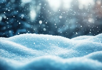 Beautiful Close-Up of Fresh Snow Covering Ground in Winter Landscape with Soft Snowflakes Falling and Blurred Forest Background for Seasonal Imagery and Nature Themes