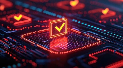 Obraz premium Digital Technology Checkmark Symbol on Circuit Board Background