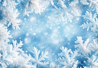 Beautiful Frosted Snowflakes Framing a Soft Blue Background for Winter or Holiday-Themed Designs, Illustrations, and Seasonal Displays in High Quality
