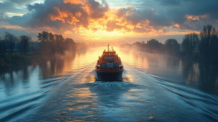 Fototapeta premium Sunrise barge river mist scenic tranquil.