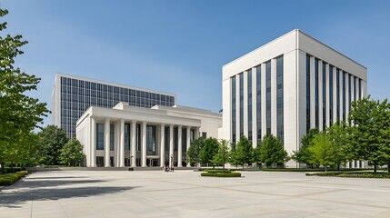 Obraz premium Courthouse building exterior view with classical architecture and flagpole, symbolizing justice, authority, and public trust in legal systems
