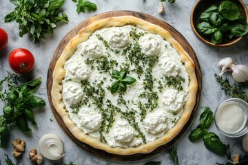 Delicious ricotta pizza with thyme. Perfect for food blogs, restaurants, or recipe websites.