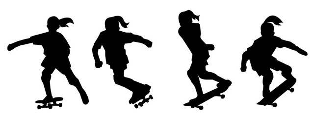 Set of silhouettes of girls and boys playing skateboarding. isolated on a white background.