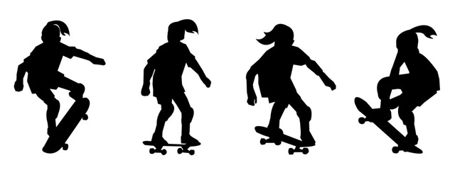 Set of silhouettes of girls and boys playing skateboarding. isolated on a white background.
