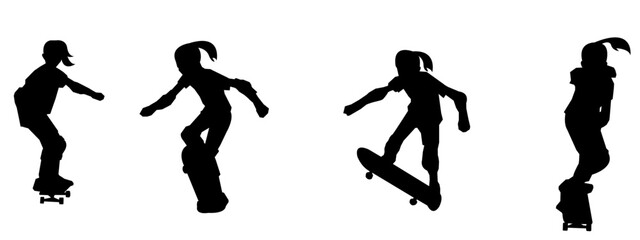 Set of silhouettes of girls and boys playing skateboarding. isolated on a white background.