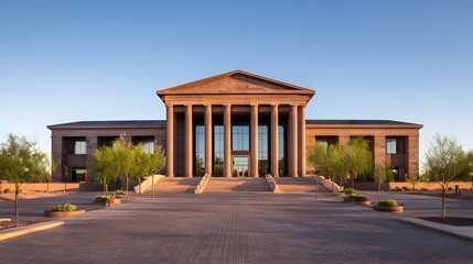 Obraz premium Courthouse building exterior view with classical architecture and flagpole, symbolizing justice, authority, and public trust in legal systems