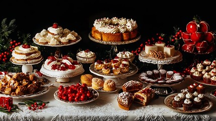 A festive table spread with traditional holiday dishes and desserts