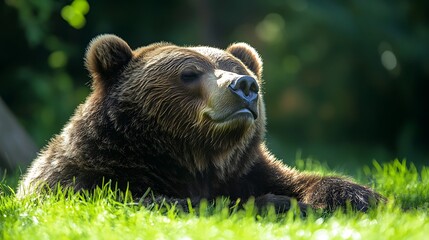 Obraz premium Resting Brown Bear Close Up Photo Grass Field. AI Generated