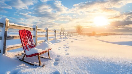 A sled leaning against a snow-covered wooden fence under a bright winter sky