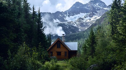 A scenic mountain cabin with a chimney puffing smoke, framed by snowy peaks