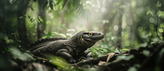 Obraz premium Komodo in dense forest with tense atmosphere in the background
