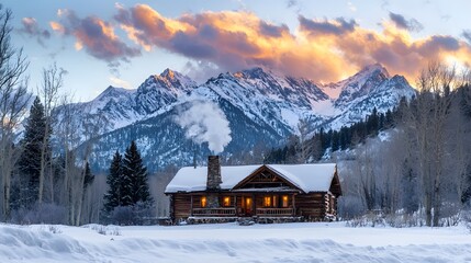 A scenic mountain cabin with a chimney puffing smoke, framed by snowy peaks