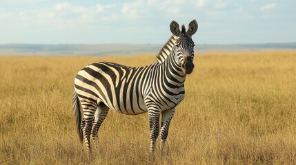 Obraz premium Striped zebra stands in tall savanna grass. Perfect for African wildlife, nature, or travel projects.