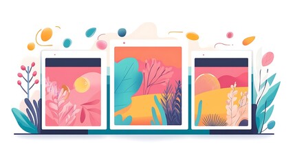 Naklejka premium Vibrant Digital Landscape Illustrations on Tablets. AI Generated