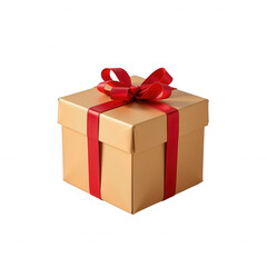 Obraz premium Golden gift box on transparent background, adorned with a vibrant, hand-tied red bow against an inky black background