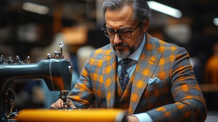 A well-dressed man sewing fabric with a vintage sewing machine in a workshop.