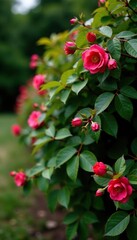 Beautifully bloomed rose hip bush near the fence line, shrub garden, landscaping feature