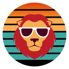 Retro Style lion Illustration with Sunglasses in Sunset Circle Design For T-shirt