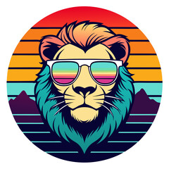 Retro Style lion Illustration with Sunglasses in Sunset Circle Design For T-shirt