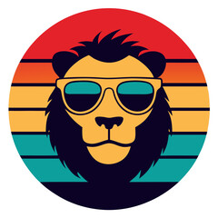 Retro Style lion Illustration with Sunglasses in Sunset Circle Design For T-shirt