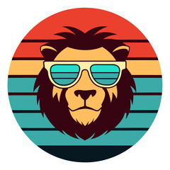 Retro Style lion Illustration with Sunglasses in Sunset Circle Design For T-shirt