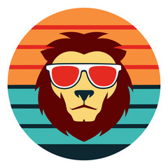 Retro Style lion Illustration with Sunglasses in Sunset Circle Design For T-shirt