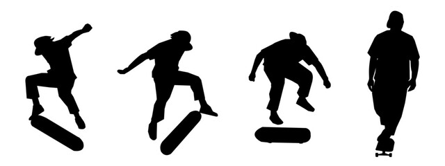 Set of silhouettes of girls and boys playing skateboarding. isolated on a white background.