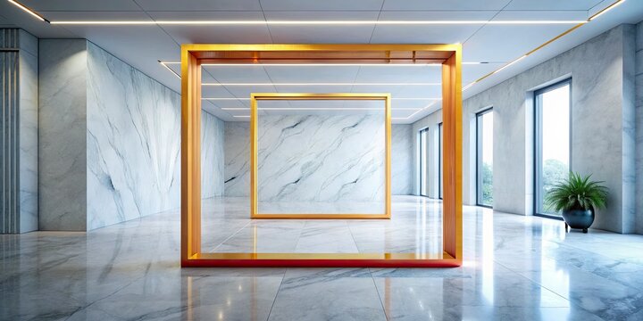 Sleek, empty frame dominates a minimalist gallery; Sivec marble gleams under architectural lighting.