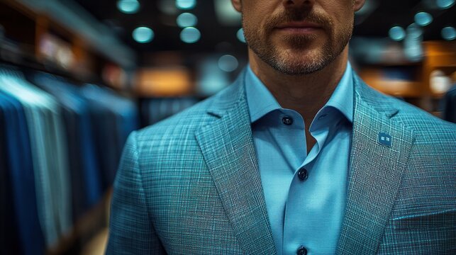A well-dressed man showcasing a stylish suit in a clothing store.