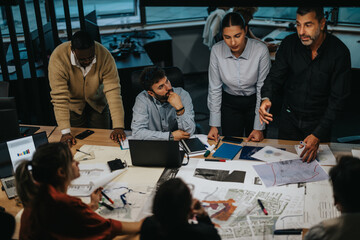 A diverse group of colleagues intently collaborates around a table, discussing strategies and...