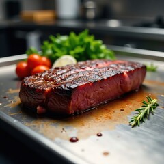 Beef cut on a stainless steel surface with a bright light source, low light, reflectivity, kitchen