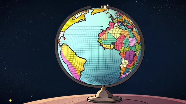 Cosmic Pixel Globe A colorful animated globe rotates endlessly showcasing a pixelated style that combines retro charm with a cosmic backdrop filled with tiny flickering stars.