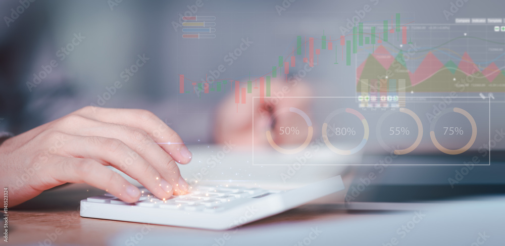 Poster Accountant calculating numbers in company financial documents with calculator ,Analysis of company financial data ,Planning to assess and review the budget ,concept of finance and investment