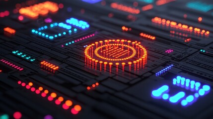 Obraz premium Futuristic Technology Interface with Colorful Neon Elements and Patterns