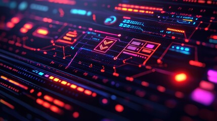 Obraz premium Futuristic Digital Interface with Colorful Neon Elements and Patterns