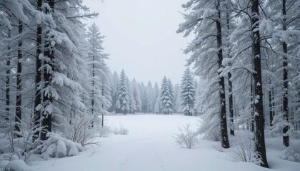 Obraz premium A photograph depicting a snow-covered forest during winter.