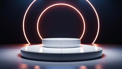 3D rendering white circular podium on neon black background