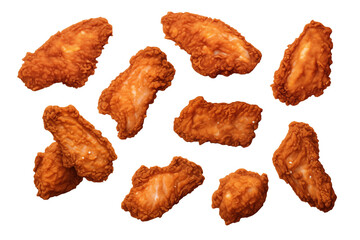 Crispy fried chicken pieces arranged in delicious display with golden brown texture, perfect for food menu restaurant design concept isolated transparent background, PNG cutout.