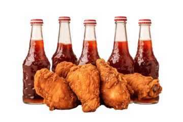 Crispy fried chicken legs with cola bottles in background, delicious and inviting meal scene. Perfect for food lovers and gatherings, food menu design concept, isolated on transparent background.