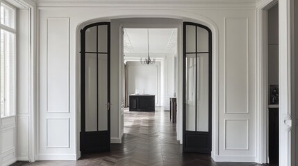Elegant hallway with arched doors, hardwood floors, and white walls.