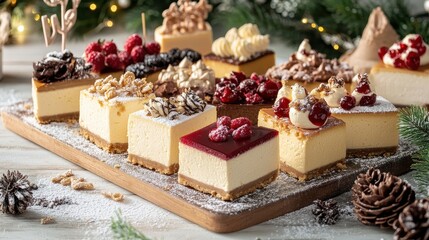A delectable cheesecakes assortment with assorted toppings, featuring various flavors and decorations arranged elegantly on a platter. The rich textures and inviting appearance emphasize indulgence 