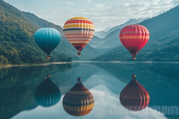 Obraz premium A serene scene of colorful hot air balloons floating over a calm lake surrounded by mountains.