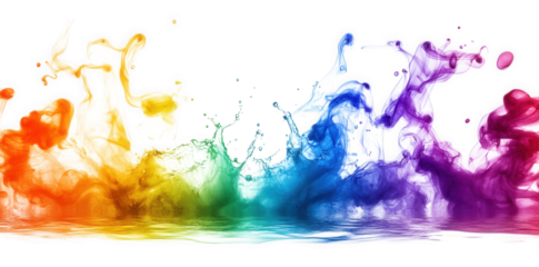 a vibrant splash of rainbow colored paint explodes on a transparent background the colors are arranged in a spectrum from red to violet. with each color blending into the next the paint is in motion.