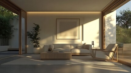 Fototapeta premium Sunlit Living Room Wide Shot Photo Interior Space. AI Generated